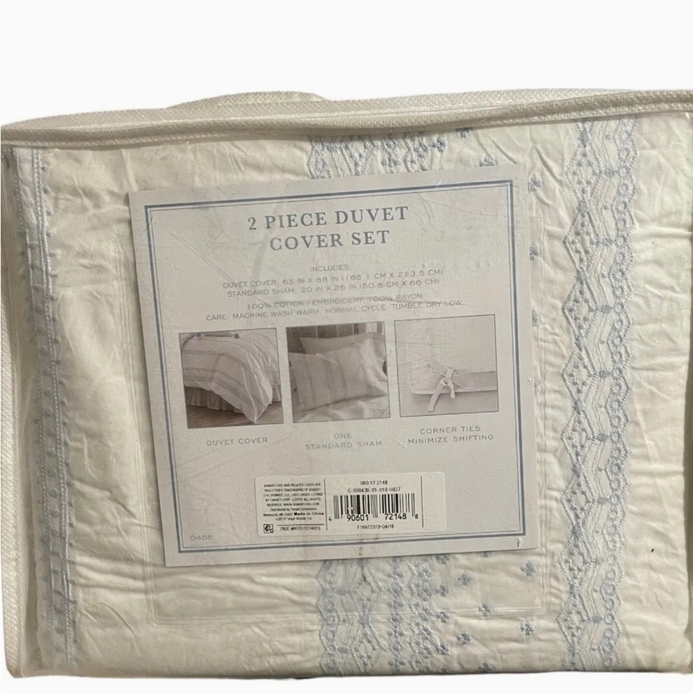Simply Shabby Chic Duvet Cover With Sham Size Twin White Blue Embroidered Cotton